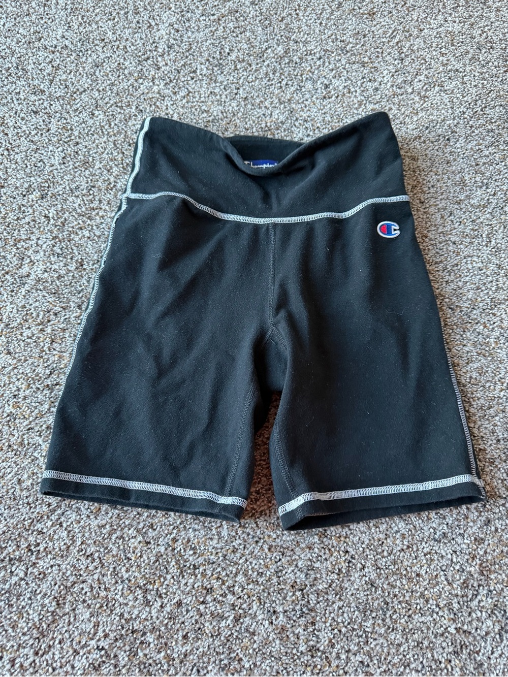 Champion Womens Small Black Biker Shorts White Contrast Stitch Logo High Waist